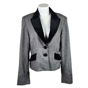 Vintage Louben Wool Tweed Blazer Velvet Accents Black White Size 10